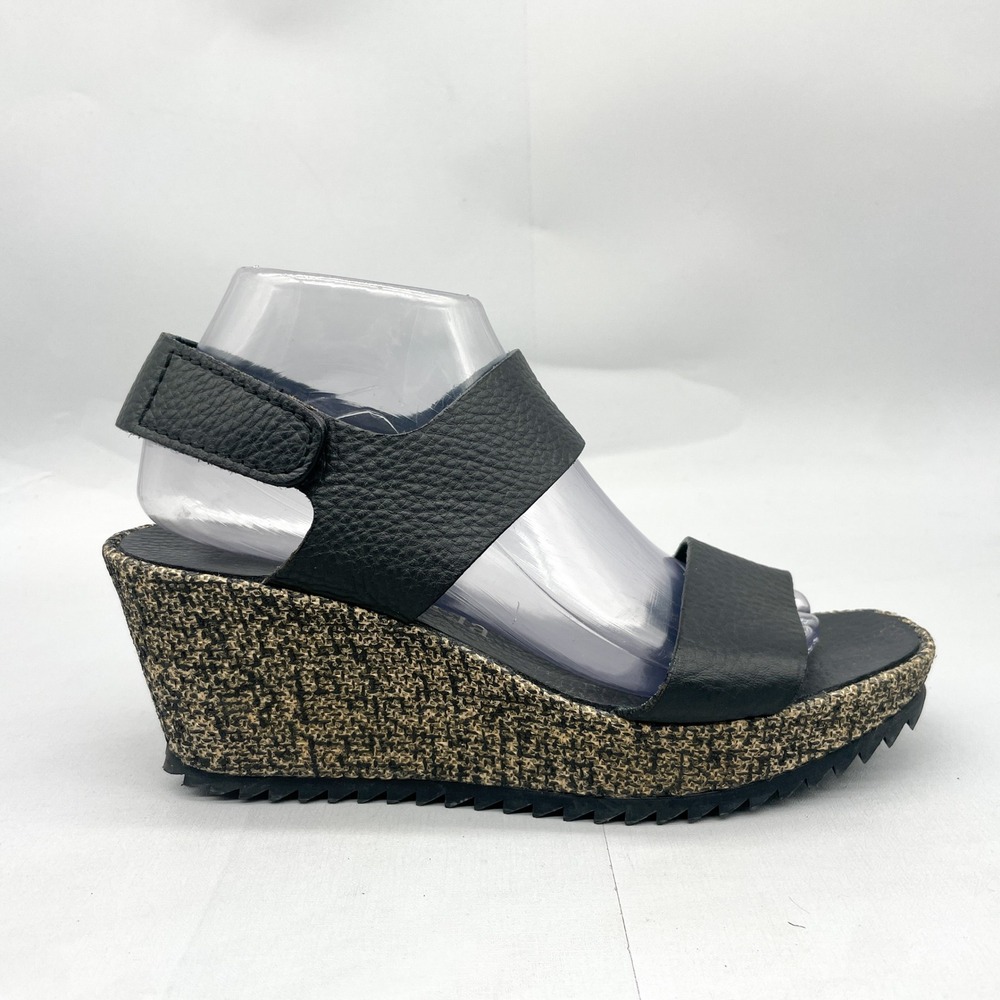 Pedro Garcia Womens 38.5 8.5 Black Leather Wedge Sandals Shoes Platform Heels